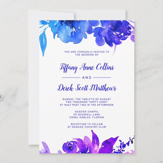 Aquarelle bleu violet Faire-part de mariage floral (Devant)
