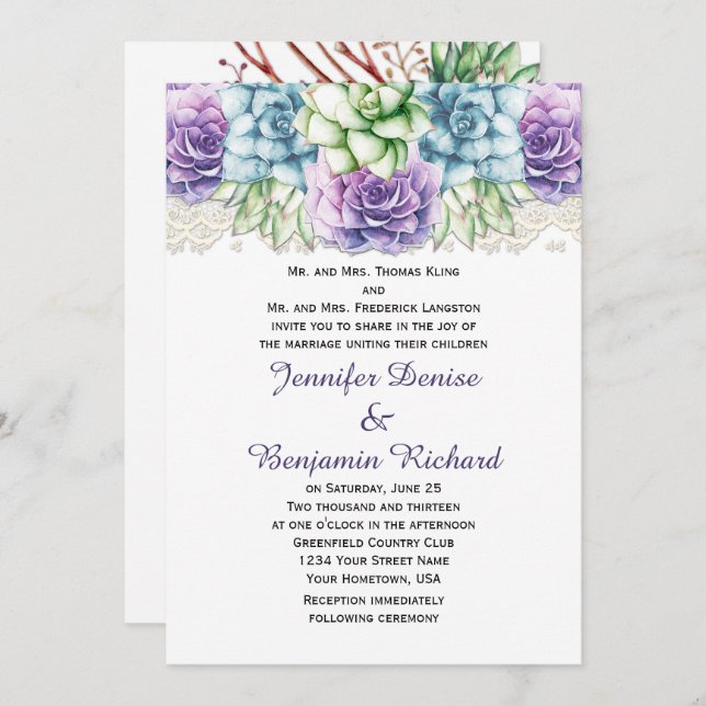 Aquarelle bleu violet vert Succulents Invitation (Devant / Derrière)