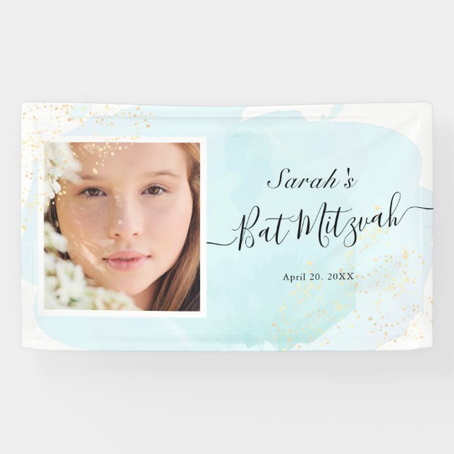 Aquarelle Bleu x or Bannière Bat mitzvah photo (Horizontal)
