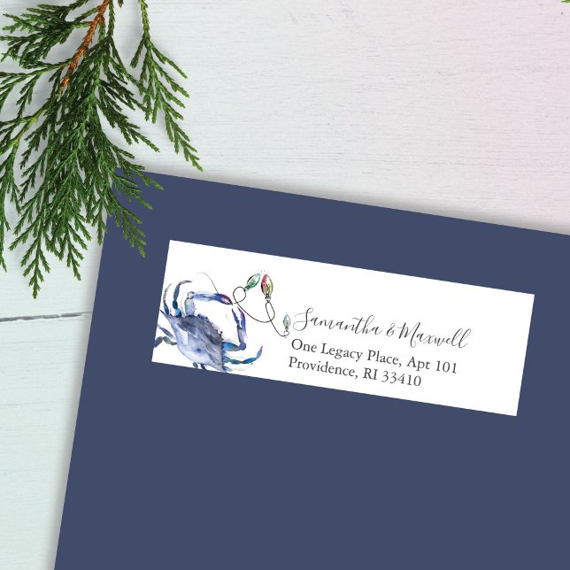 Aquarelle bleue Crabe de Noël Étiquettes de adress (beach Christmas return address label with watercolor blue crab & holiday lights Victoria Grigaliunas)