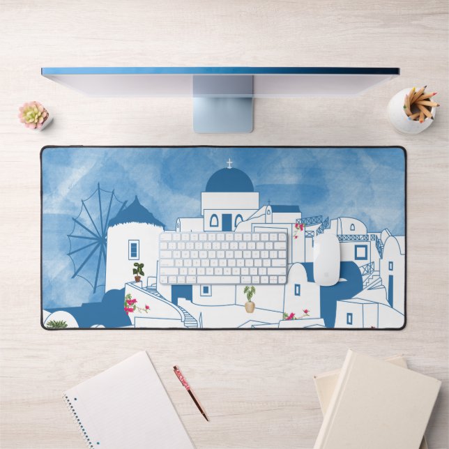Aquarelle bleue et blanche Santorin Grèce (Bureau 1)