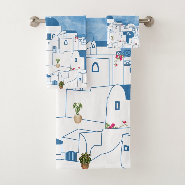 Aquarelle bleue et blanche Santorin Grèce Monogram (En situation)