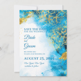 Aquarelle bleue et fleur or Enregistrer la carte D