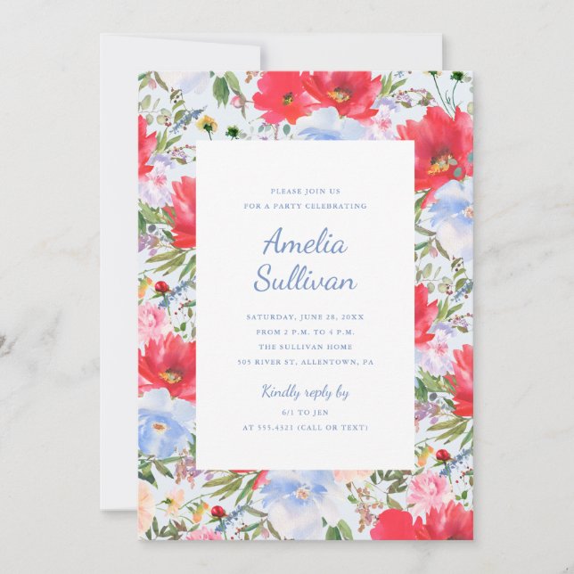 Aquarelle bleue et rouge Floral Party Invitation (Devant)