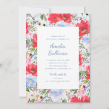 Aquarelle bleue et rouge Floral Party Invitation