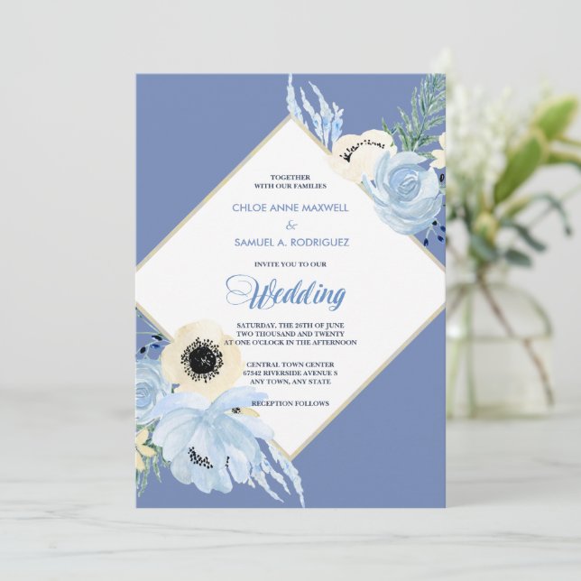 Aquarelle bleue Faire-part de mariage de cadre Flo (Debout devant)