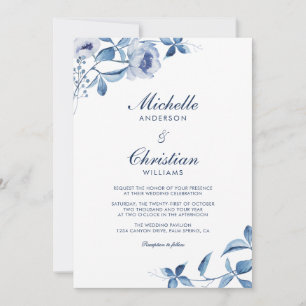 Aquarelle bleue Faire-part de mariage florale