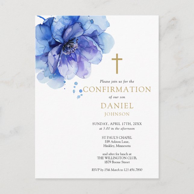 Aquarelle bleue Floral Confirmation Invitation (Devant)