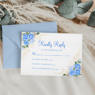 Aquarelle bleue Floral Gold Wedding Carte RSVP