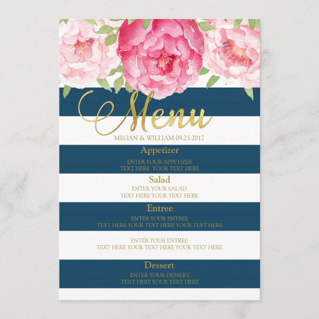 Aquarelle bleue Floral Grandes Bleues Mariage Menu (Devant)