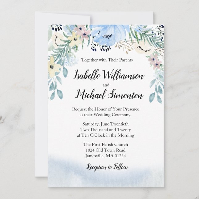 Aquarelle bleue Floral Wedding Invitations (Devant)