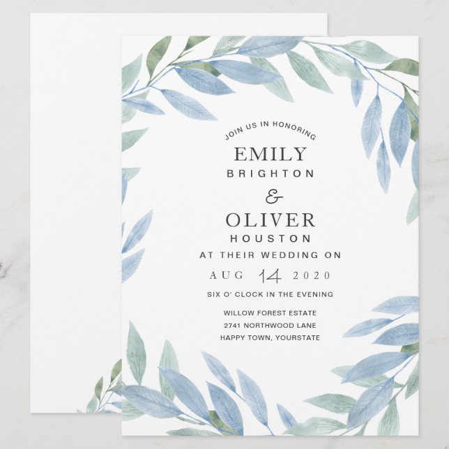 Aquarelle bleue Floral Wedding Invitations (Devant / Derrière)