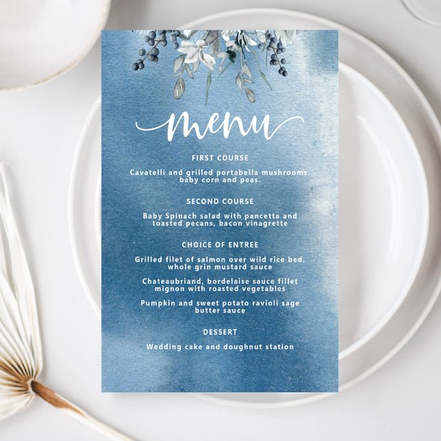 Aquarelle Bleue Laver et Foliage Elégant Menu (Créateur téléchargé)
