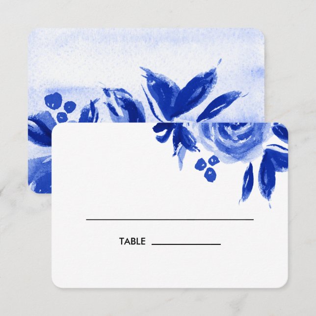 Aquarelle bleue Mariage Floral Table Place Cartes (Devant / Derrière)