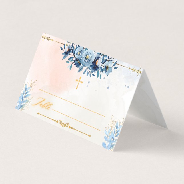 Aquarelle bleue Moderne Garçon Baptême Carte Place (Front)