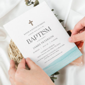 Aquarelle bleue Moderne Garçon Baptême Invitation