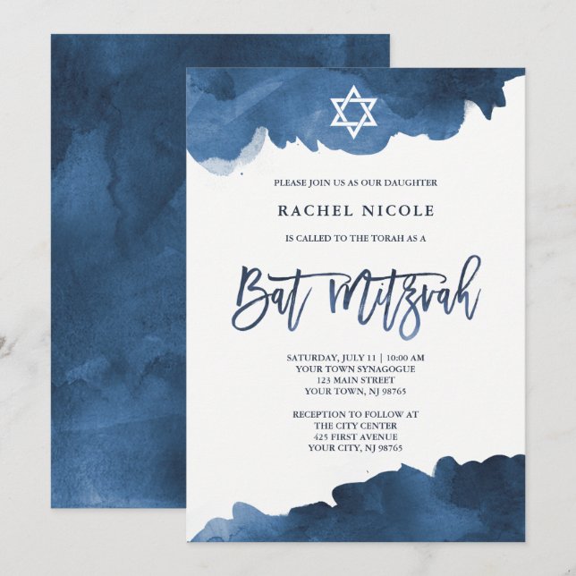 Aquarelle bleue moderne | Invitation bat mitzvah (Devant / Derrière)