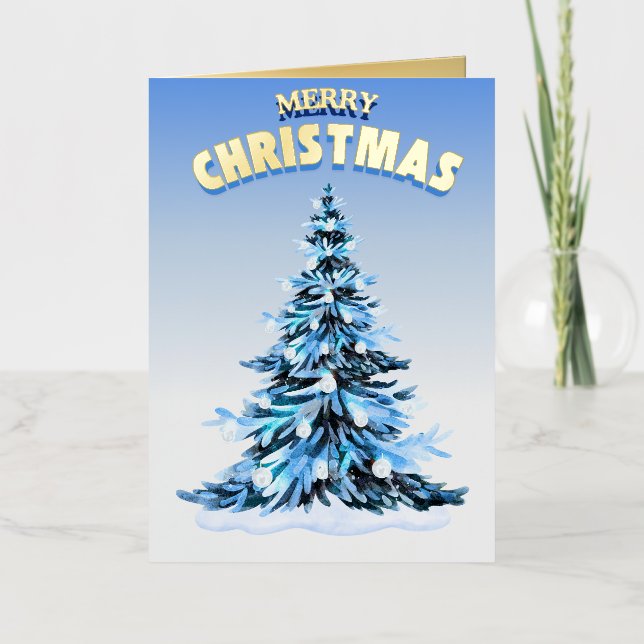 Aquarelle bleue Noël Plié Foil Carte de vacances (Recto)