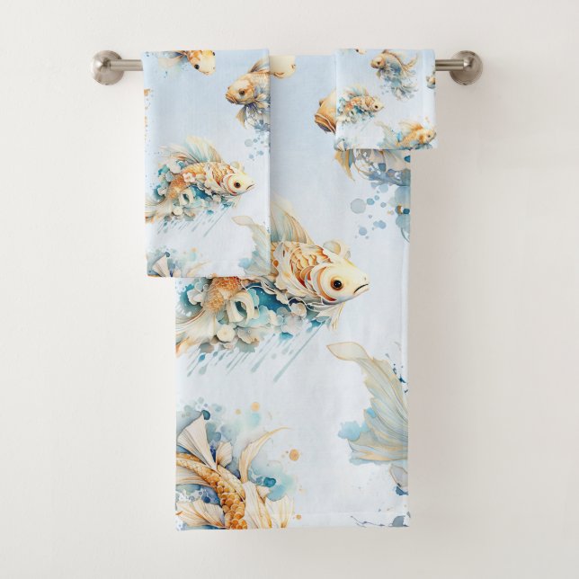 Aquarelle bleue Or Blanc Koi Poisson Floral (En situation)