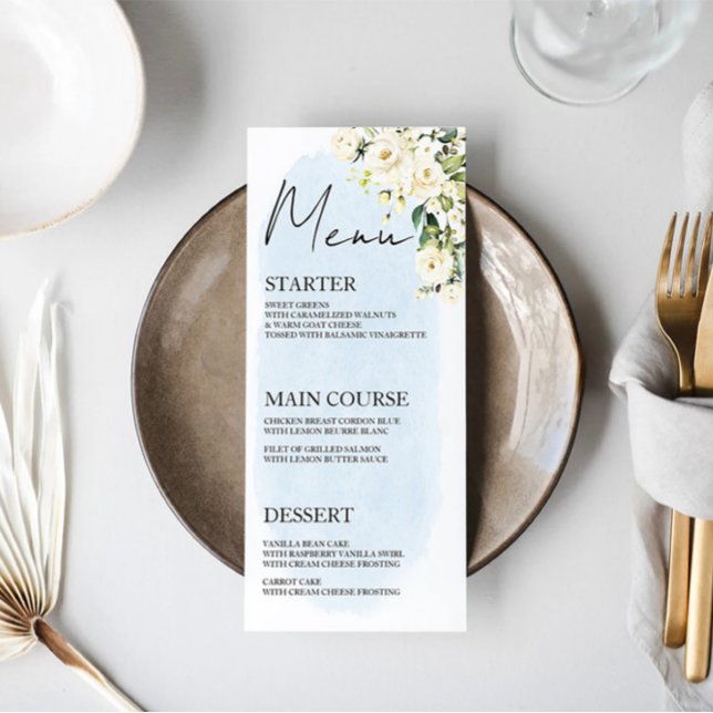 Aquarelle Bleue Rose Blanche Mariage Menu Place Ca (Créateur téléchargé)