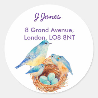 Aquarelle Blue bird Family Étiquette de adresse