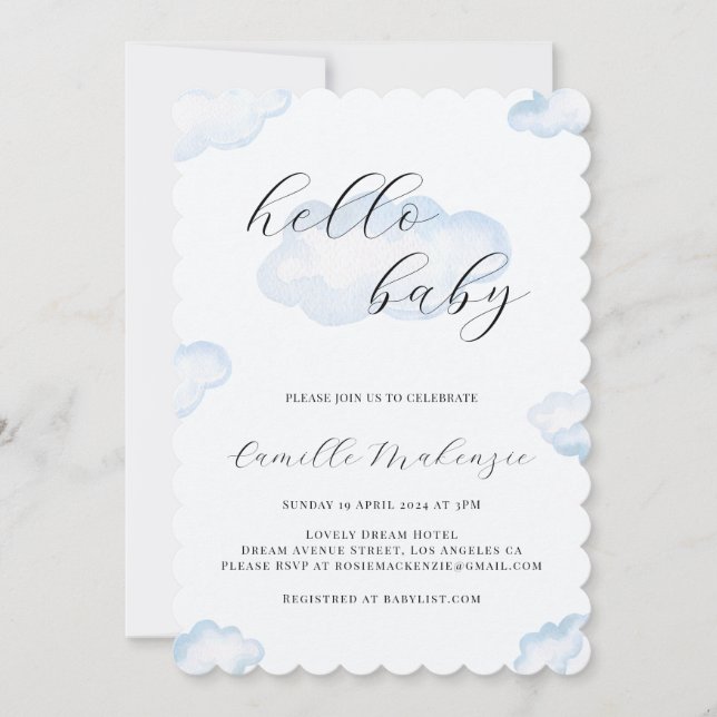 Aquarelle Blue Cloud Baby shower photo Invitation (Devant)
