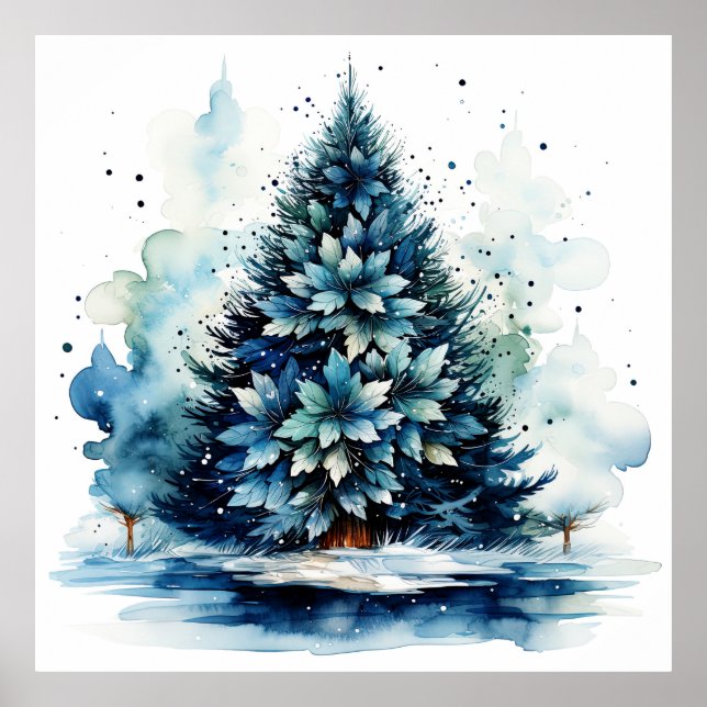 Aquarelle Blue Holiday Christmas Tree Poster (Devant)