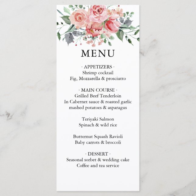 Aquarelle Blush Dusty Rose Floral Mariage Menu (Devant)