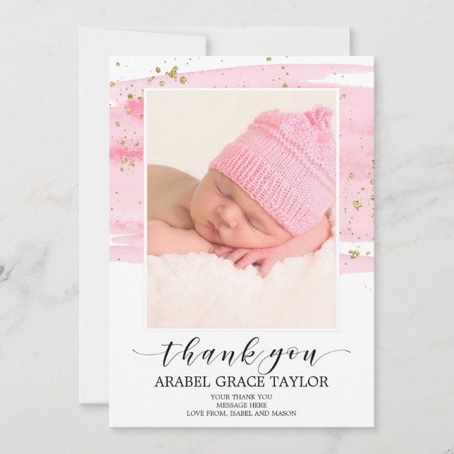 Aquarelle Blush & Gold Photo Carte de remerciement (Devant)