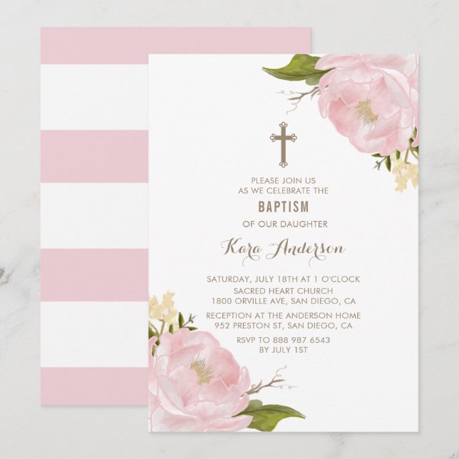 Aquarelle Blush Pink Peonies Baptême Invitation (Devant / Derrière)