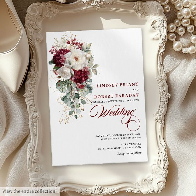 Aquarelle Boho Bourgogne Faire-part de mariage bla (Watercolor Boho Burgundy White Wedding Invitation)