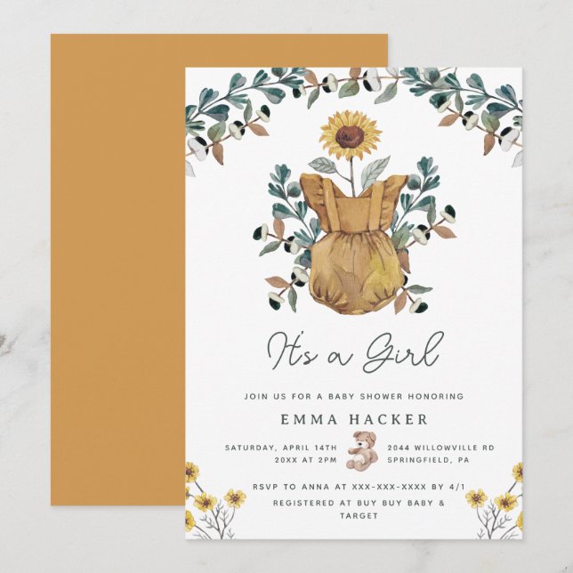 Aquarelle Boho Floral Baby Girl Douche Invitation (Devant / Derrière)