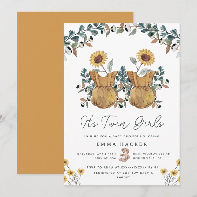 Aquarelle Boho Floral Twins Douche Invitation (Devant / Derrière)