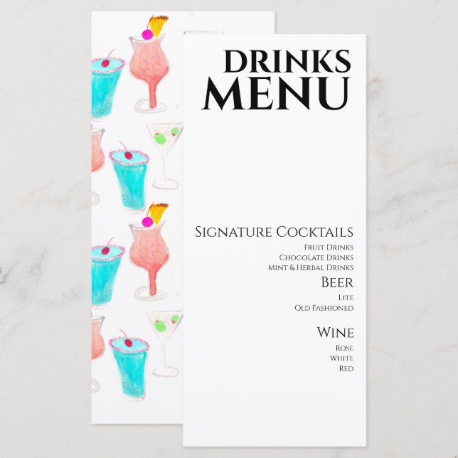 Aquarelle Boissons Cocktail Vin Menu Mariage (Devant / Derrière)