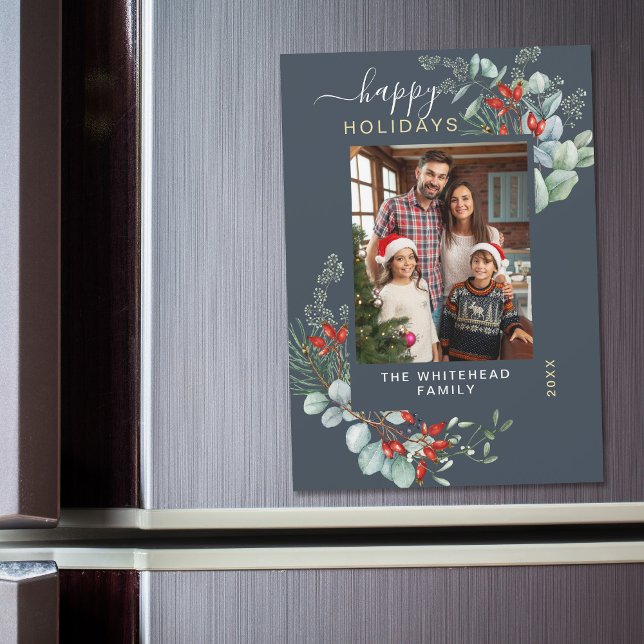 Aquarelle Botanique Blue Holiday Magnet Card (You will love these beautiful Christmas cards! They feature botanical watercolor pine and berries.)