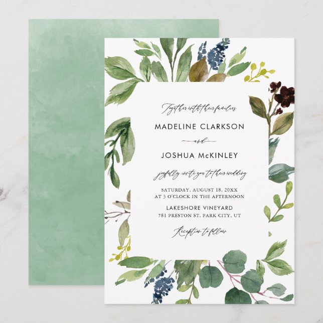 Aquarelle Botanique Faire-part de mariage de verdu (Devant / Derrière)