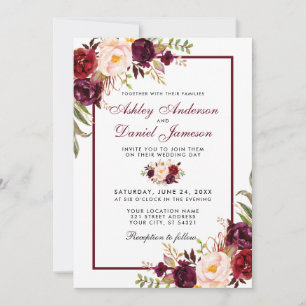 Aquarelle Bourgogne Faire-part de mariage Floral