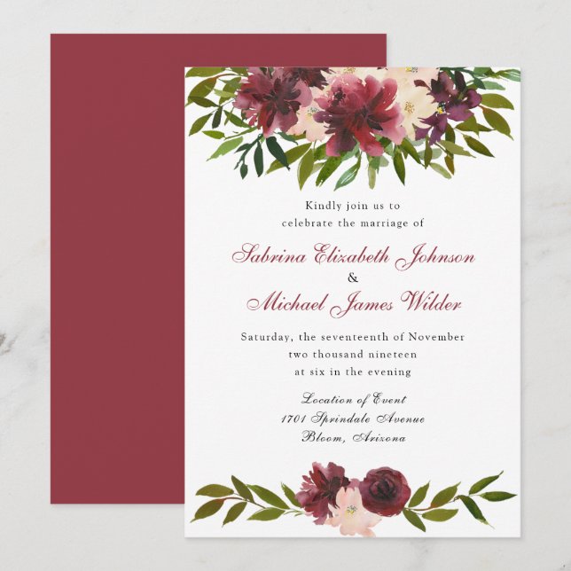 Aquarelle Bourgogne Faire-part de mariage Floral (Devant / Derrière)