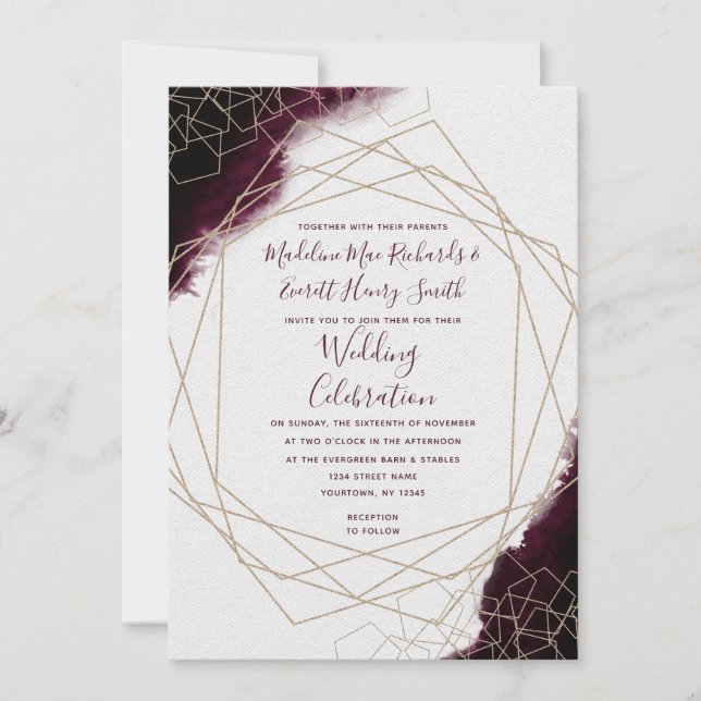 Aquarelle Bourgogne Faire-part de mariage géométri (Devant)