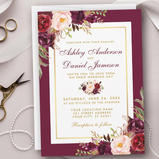 Aquarelle Bourgogne Floral Gold Wedding Invitation (Customize to change text size, text style or color.)