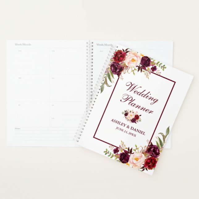 Aquarelle Bourgogne Floral Mariage or (Devant avec enveloppe)