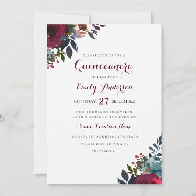 Aquarelle Bourgogne Floral Quinceanera Invitation (Devant)