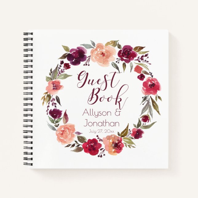 Aquarelle Bourgogne Floral Wreath Livre d'or | (Devant)