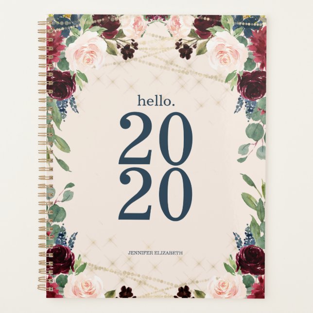 Aquarelle Bourgogne Florale Hello 2020 mignonne (Devant)