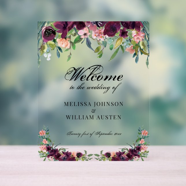 Aquarelle Bourgogne Florale Mariage Bienvenue (Neutre)