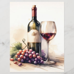 Aquarelle Bouteille de vin et de raisins papier à 
