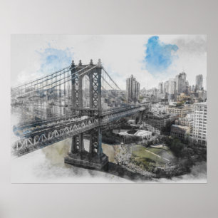 Aquarelle Brooklyn Bridge Poster - Elegant NYC