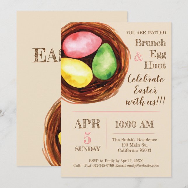 Aquarelle Brunch de Pâques et invitation à la chas (Devant / Derrière)