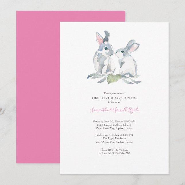 Aquarelle Bunny de Pâques Invitations Filles Anniv (Devant / Derrière)