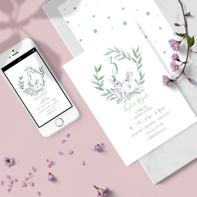 Aquarelle Bunny Invitations Anniversaire en ligne (kids birthday party invitation gender neutral bunny watercolor art by Victoria Grigaliunas)